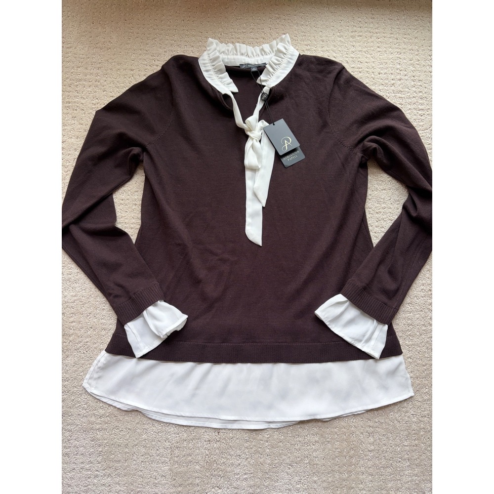 Adrianna Papell Sweater M Brown Layered Ruffle Bow Office Siren Dark Academia